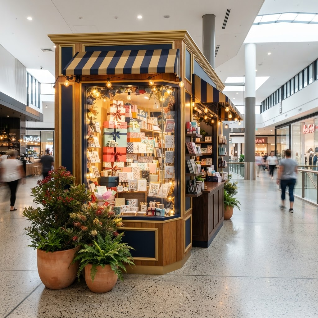 A small shopping centre kiosk storefront with warm lighting and gift displays